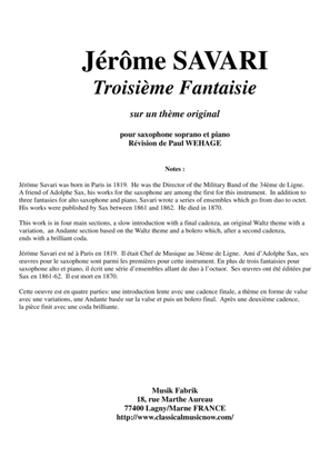 Book cover for Jérôme Savari: Troisième Fantaisie sur un thème original pour saxophone soprano et piano