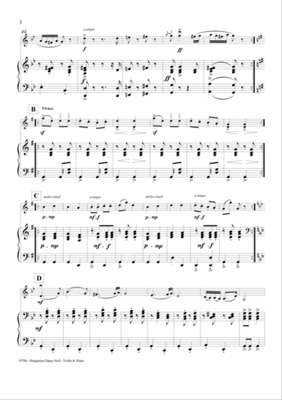 HUNGARIAN DANCE NO5 – VIOLIN & PIANO Violin Solo scores gallery preview page 4