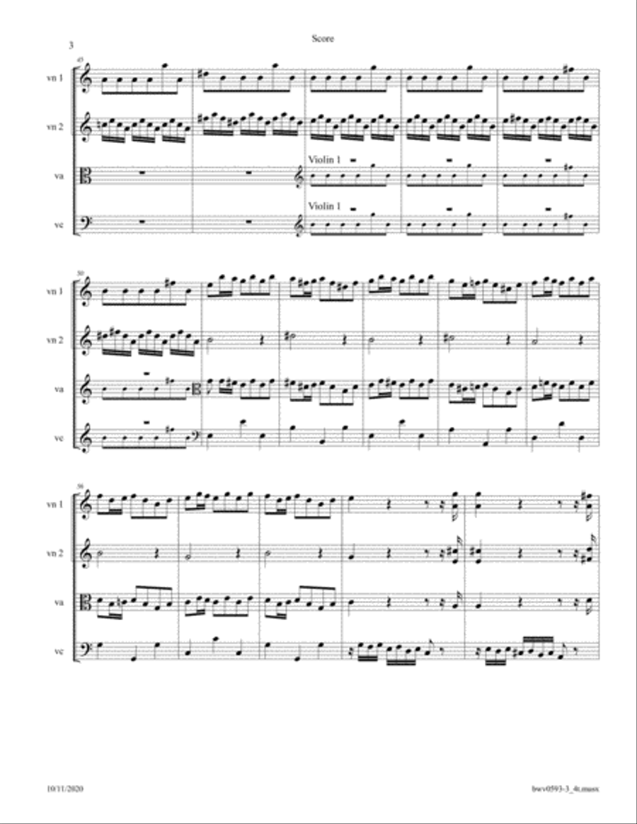 Bach: Concerto in A minor BWV 593-3 after Vivaldi, Mvt 3 arr. for StringQuatetrte String Quartet scores gallery preview page 3