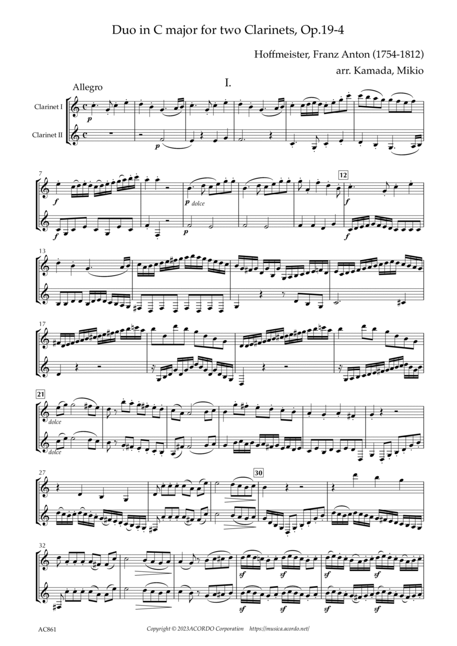 Duo in C major for Clarinets, Op.19-4 Clarinet Duet scores gallery preview page 1