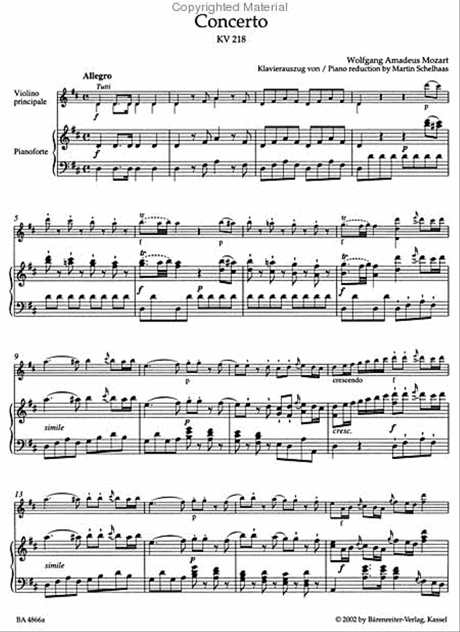 Concerto for Violin and Orchestra, No. 4 D major, KV 218 Violin Solo scores gallery preview page 2
