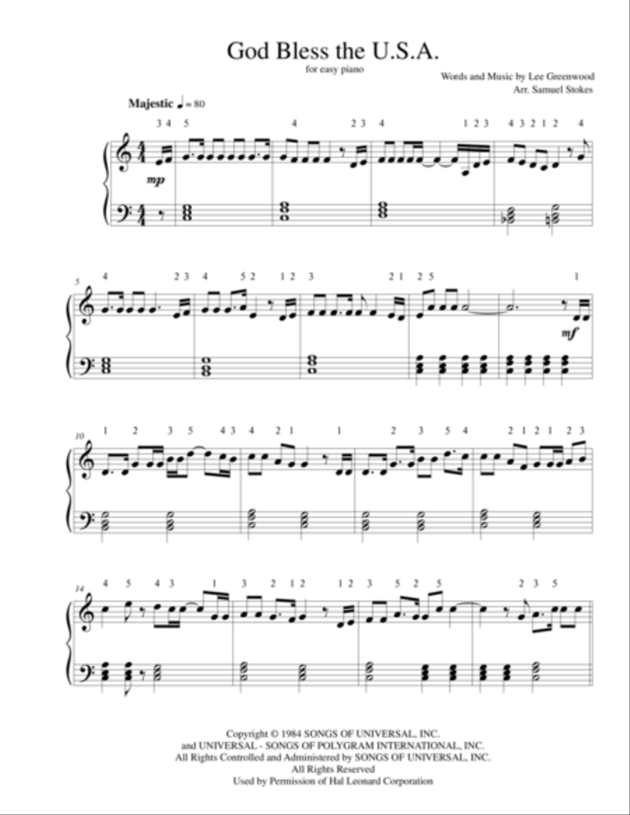 God Bless The U.S.A. Easy Piano scores gallery preview page 1