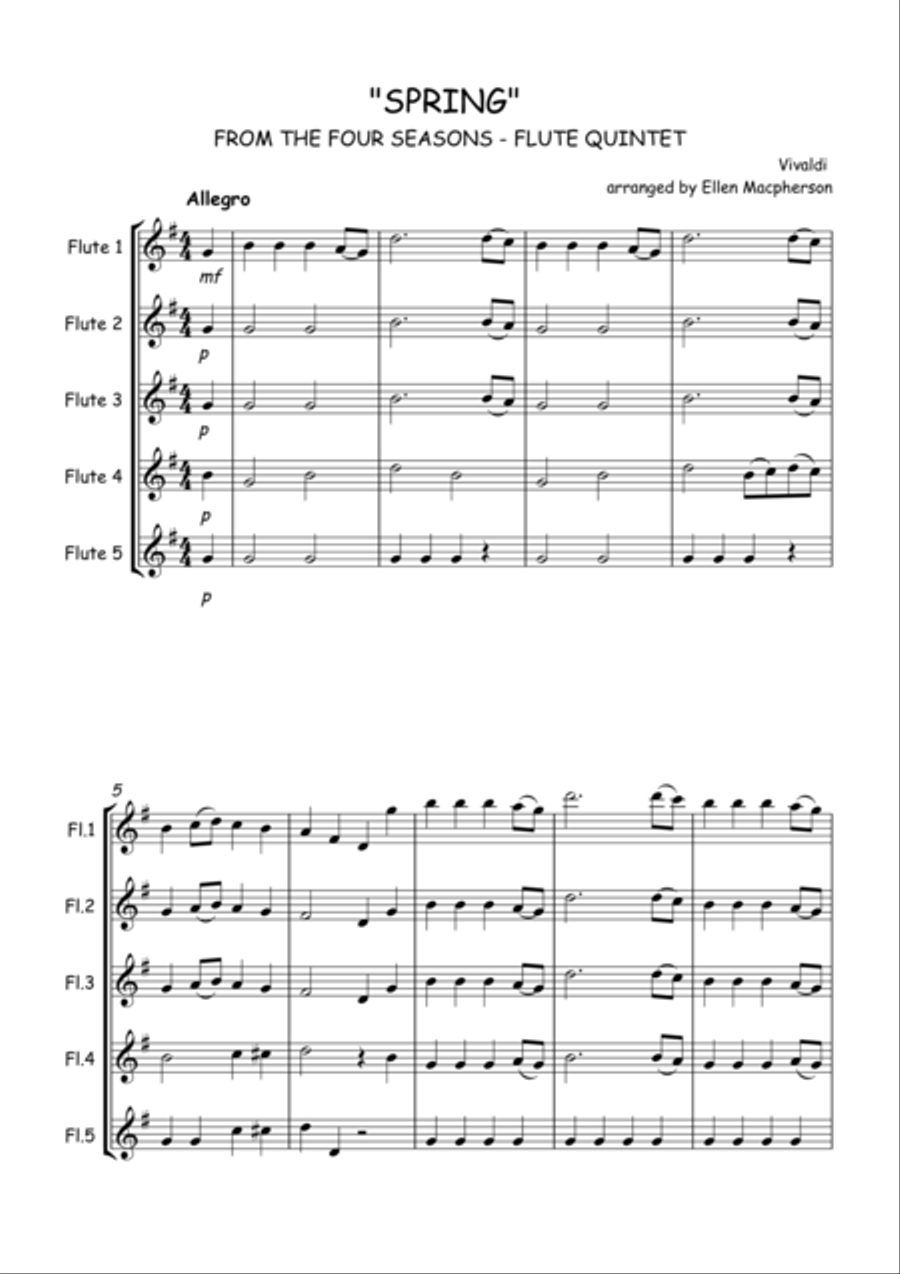 SPRING by Vivaldi - FROM THE FOUR SEASONS - FLUTE QUINTET - SCORE & ALL PARTS Woodwind Quintet scores gallery preview page 1