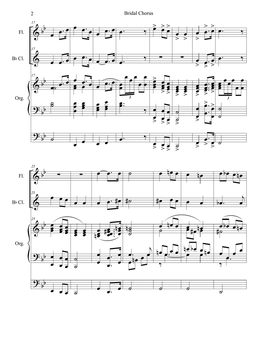Bridal Chorus (Duet for Flute and Bb-Clarinet - Organ Accompaniment) Woodwind Duet scores gallery preview page 3