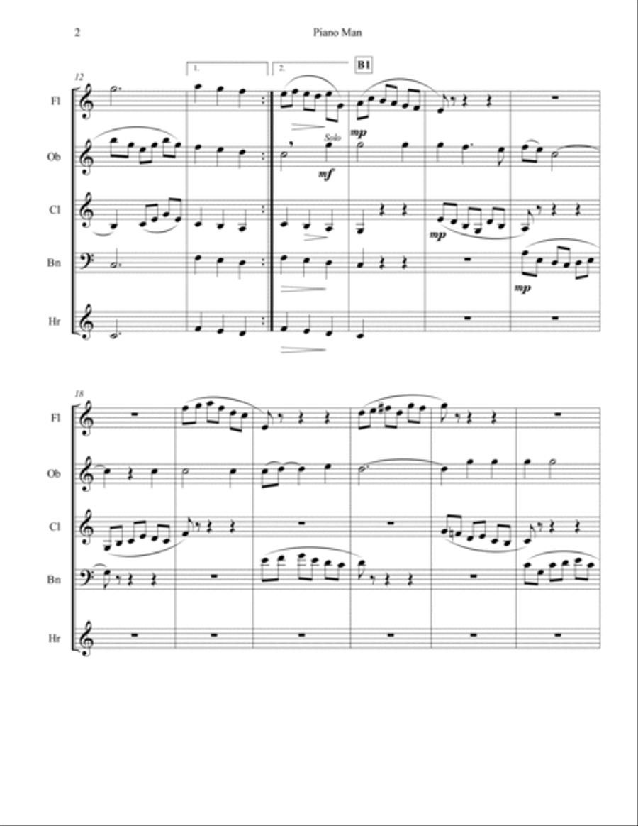 Piano Man Woodwind Quintet scores gallery preview page 2
