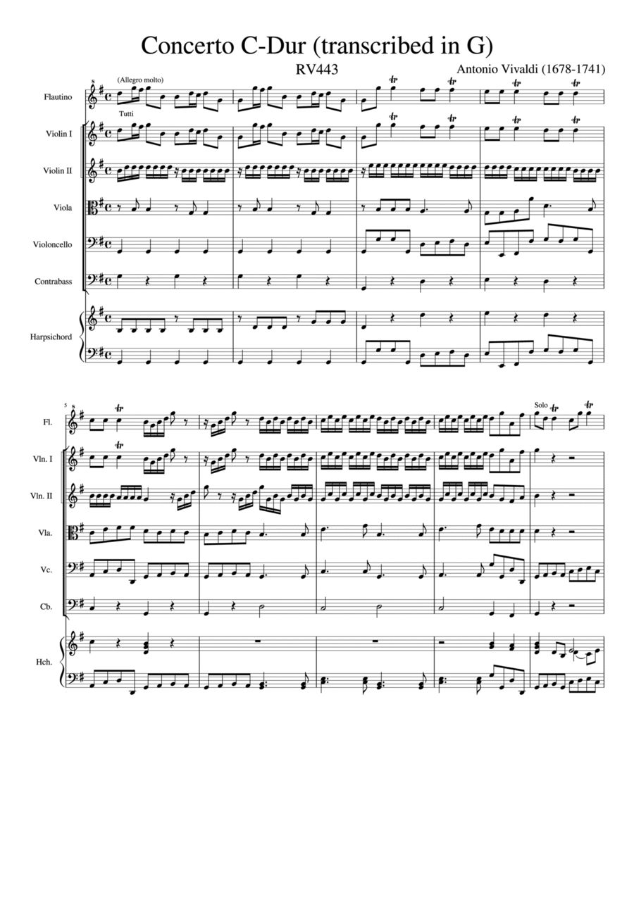 Concerto per Flautino 443- Allegro Molto (Arr. G Major) Small Ensemble scores gallery preview page 1