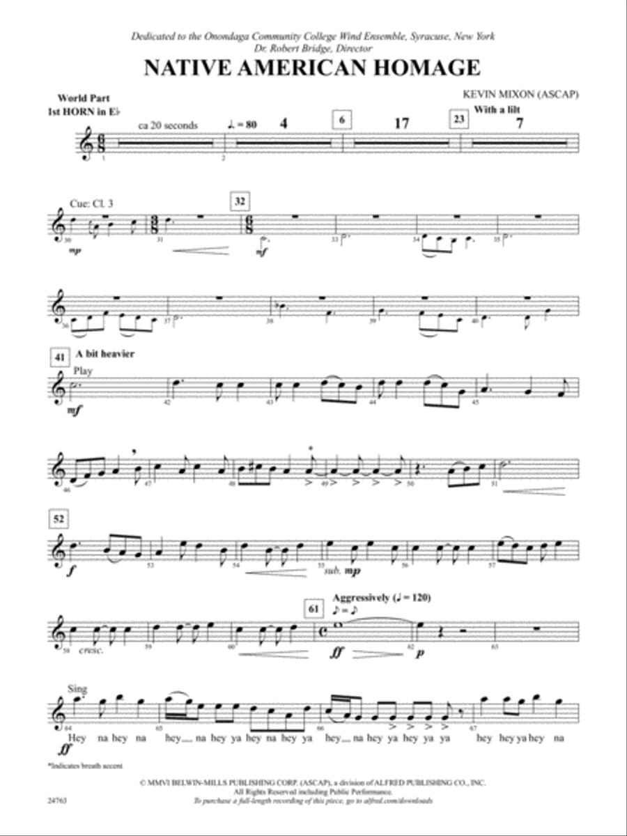 Native American Homage: (World Part) 1st Horn in E-flat Concert Band scores gallery preview page 1