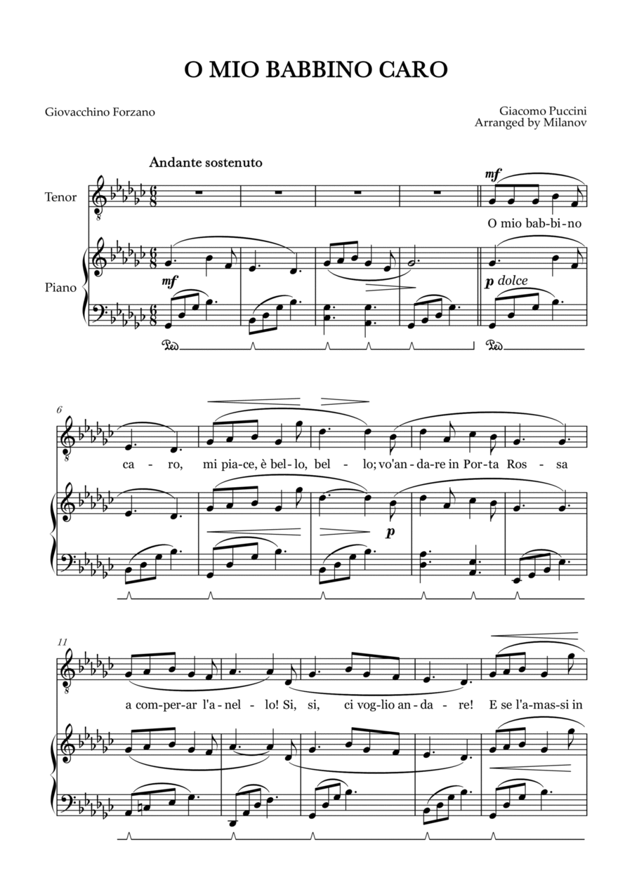 O Mio Babbino Caro | Male Voice Tenor | G-flat Major | Piano accompaniment | Pedal Tenor Voice scores gallery preview page 1