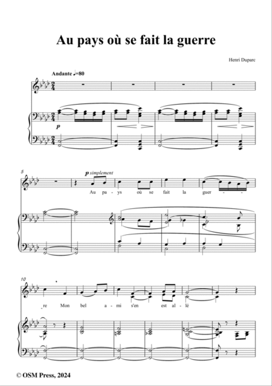Duparc-Au pays où se fait la guerre(Mélodie),in f minor Voice scores gallery preview page 2
