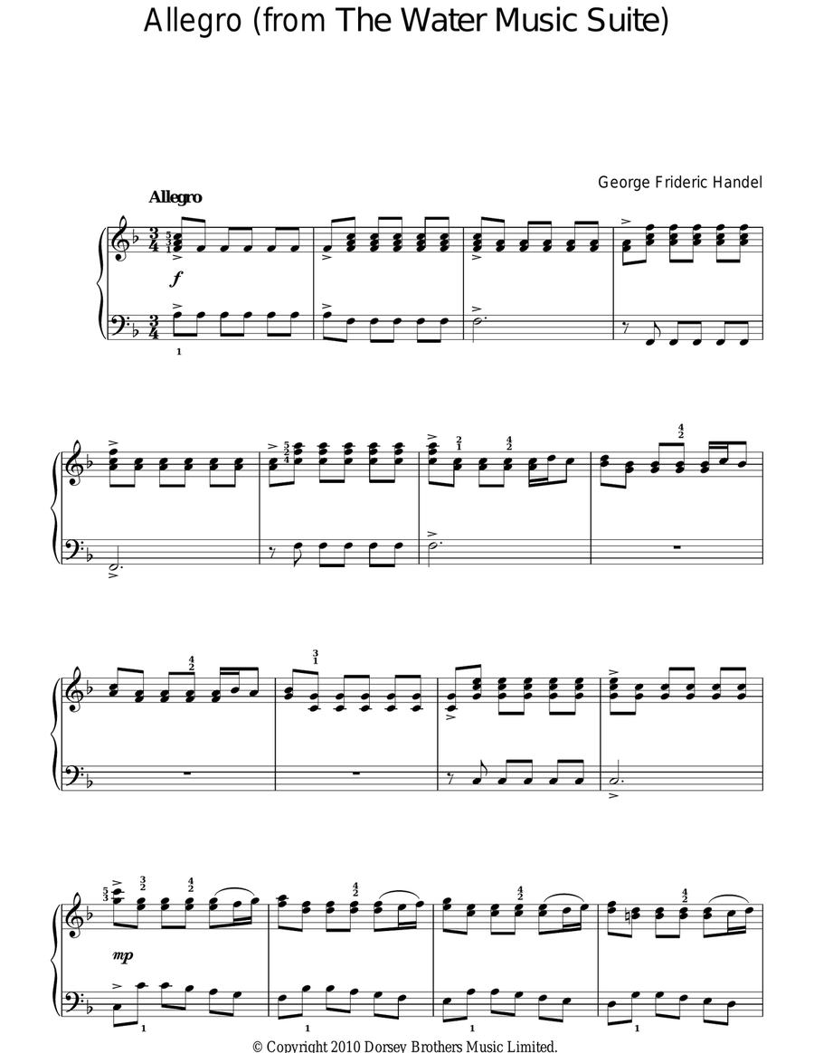 Allegro (from The Water Music Suite) Easy Piano scores gallery preview page 1