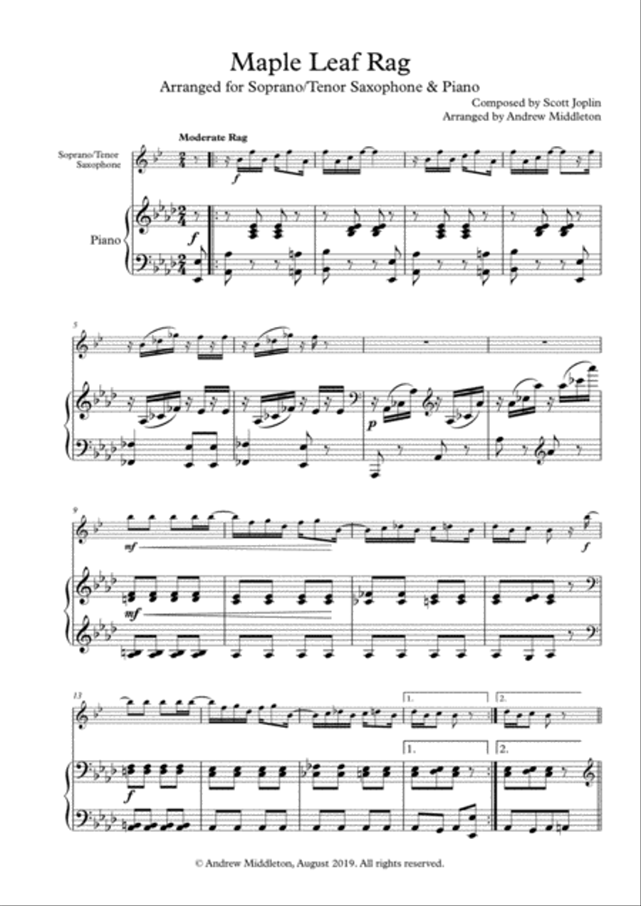 Maple Leaf Rag arranged for Soprano Saxophone and Piano Small Ensemble scores gallery preview page 1
