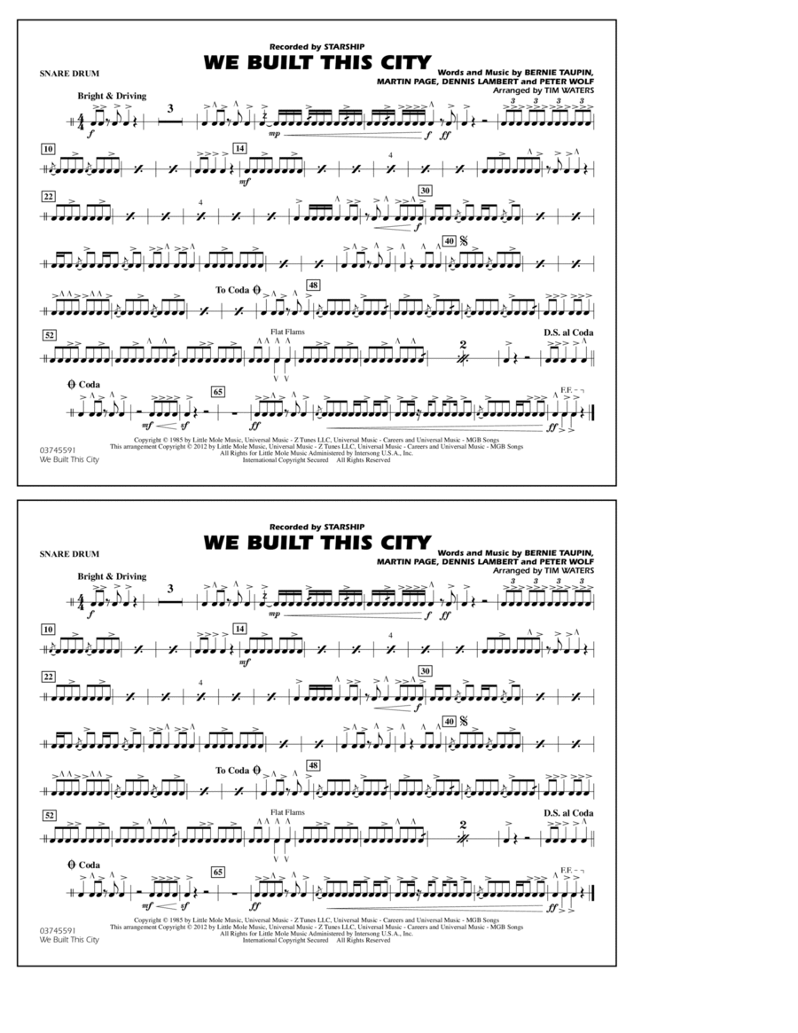 We Built This City - Snare Drum Marching Band scores gallery preview page 1