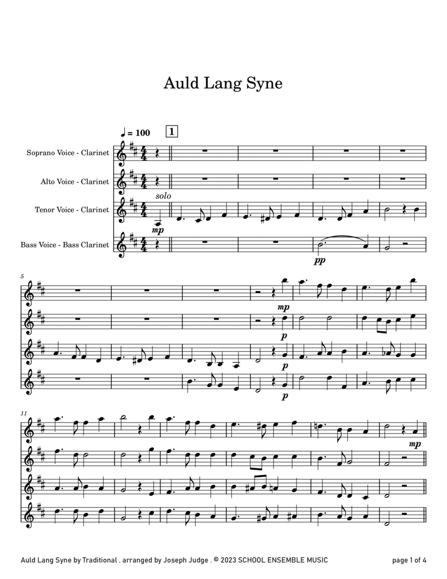 Auld Lang Syne for Clarinet Quartet in Schools Clarinet Quartet scores gallery preview page 1