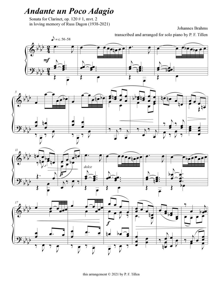 Andante un Poco Adagio- from Sonata for Clarinet, op. 120 # 1, mvt. 2 Clarinet scores gallery preview page 1