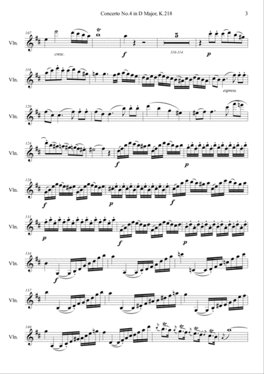 Mozart : Concerto No 4 in D Major K 218 Mov 1 With Joachim Cadenza Violin Solo scores gallery preview page 3