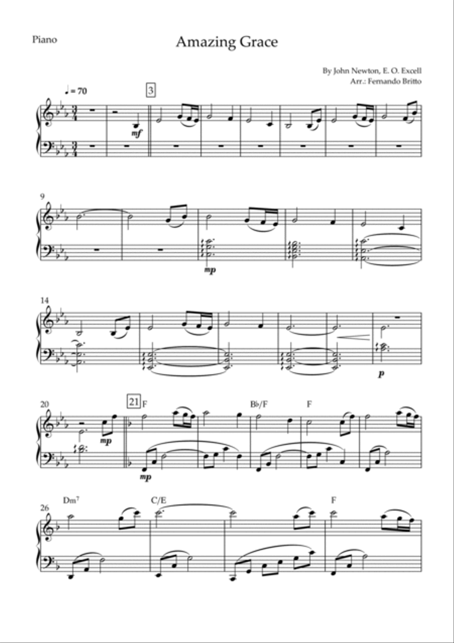 Amazing Grace (John Newton, E. O. Excell) for Clarinet in Bb Duo and Piano Accompaniment with Chords Woodwind Duet scores gallery preview page 5