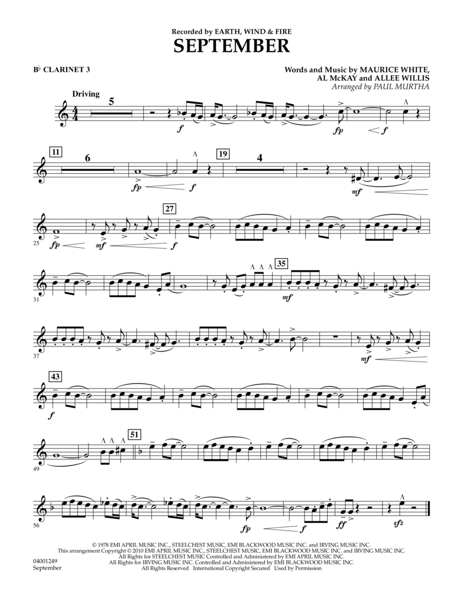 Book cover for September (arr. Paul Murtha) - Bb Clarinet 3