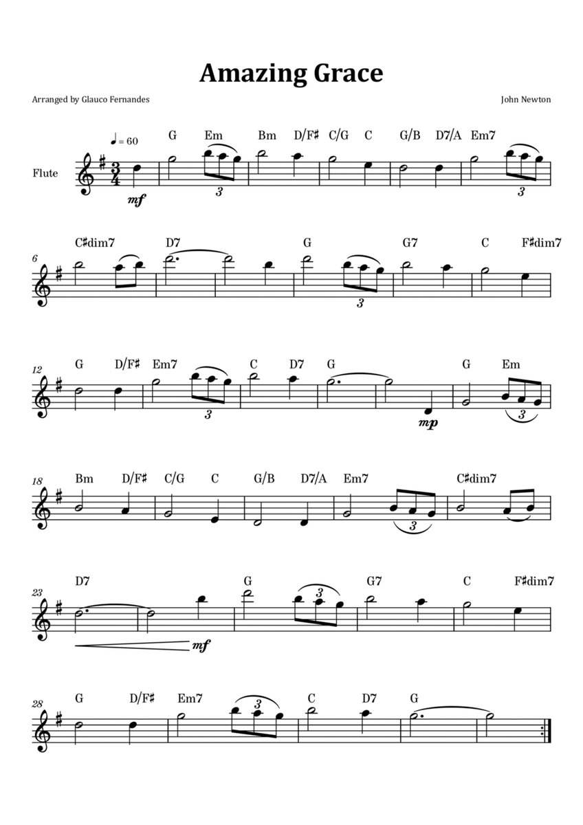 Amazing Grace - Flute Solo with Chord Notation image number null