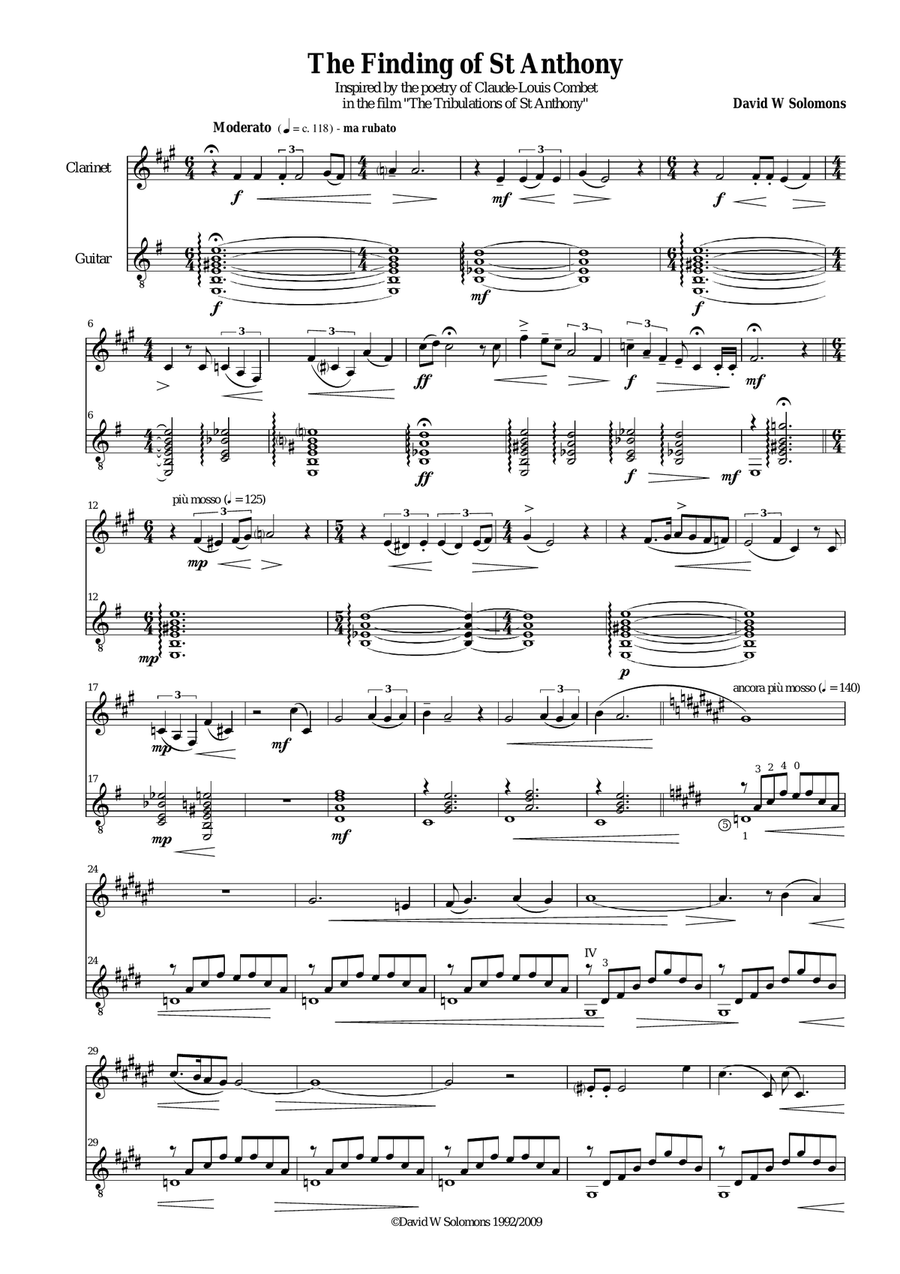 The finding of St Anthony for clarinet and guitar Clarinet scores gallery preview page 1