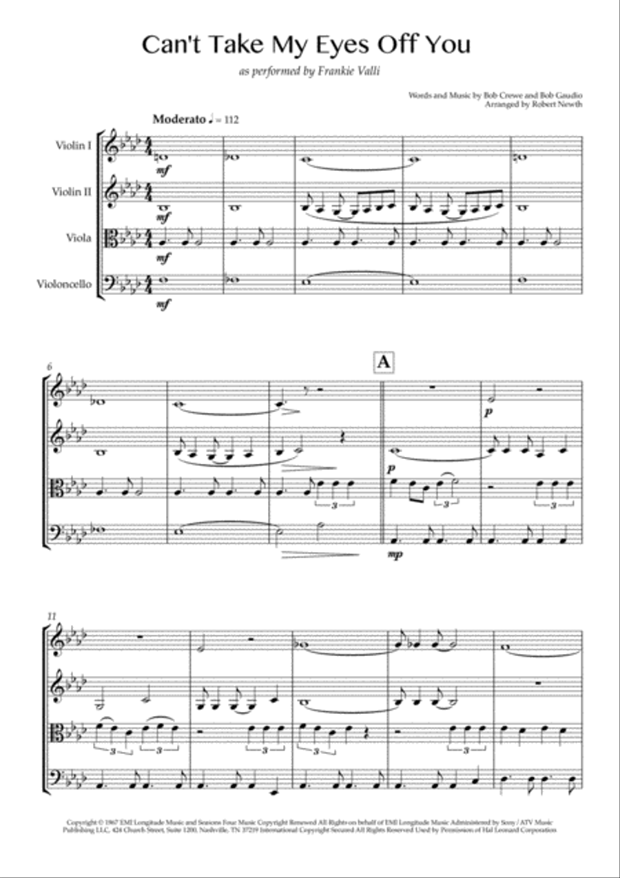 Can't Take My Eyes Off Of You String Quartet scores gallery preview page 1