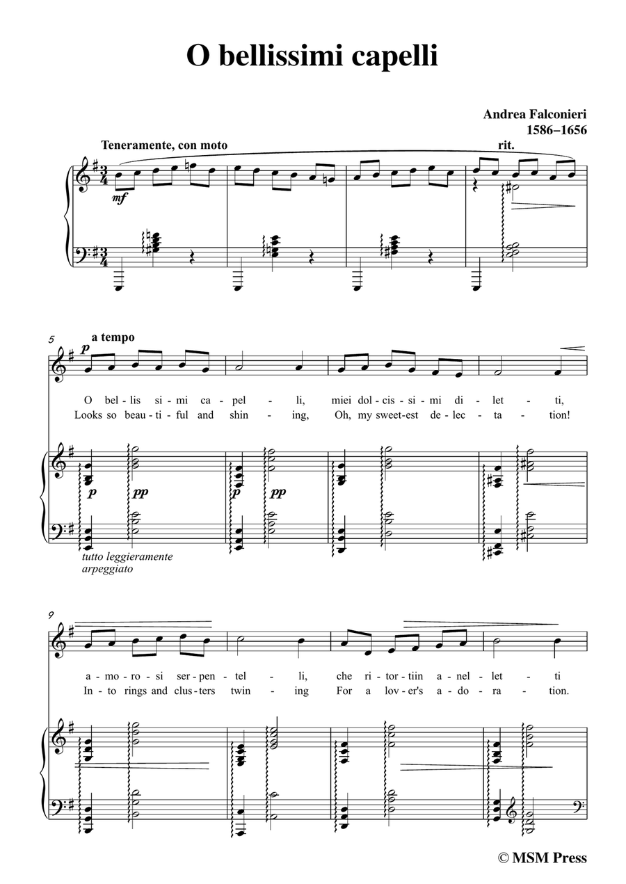 Falconieri-O bellissimi capelli,in e minor,for Voice and Piano Piano, Vocal scores gallery preview page 3