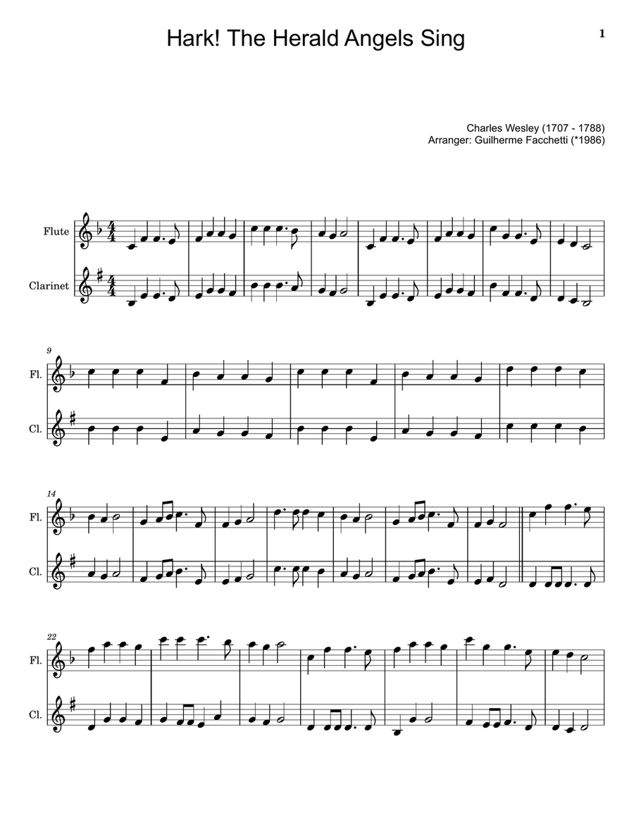 Hark! The Herald Angels Sing - Arranged for Flute and Clarinet. Woodwind Duet scores gallery preview page 1
