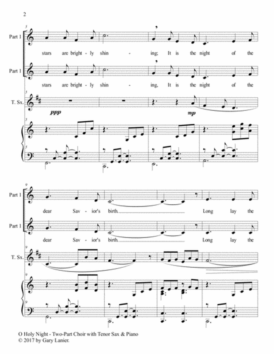 O HOLY NIGHT (Two-Part Choir for Treble Voices with Tenor Sax & Piano - Score & Parts included) image number null