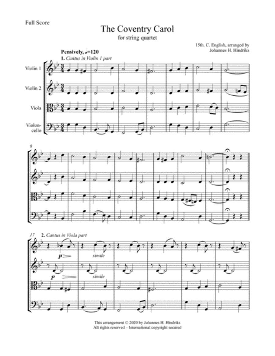 Coventry Carol String Quartet scores gallery preview page 4