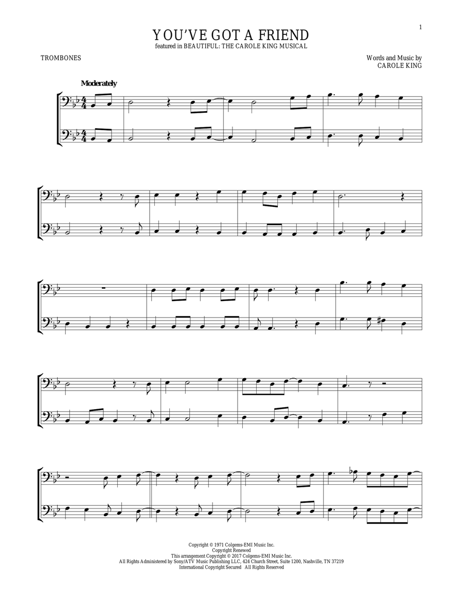 You've Got A Friend (from Beautiful: The Carole King Musical) Trombone Duet scores gallery preview page 1