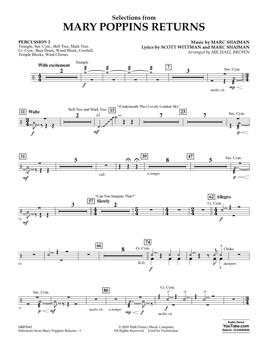Selections from Mary Poppins Returns (arr. Michael Brown) - Percussion 2 Percussion scores gallery preview page 1
