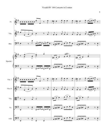 Vivaldi RV 106 Concerto in Em Full Score Parts Flute Violin Cello