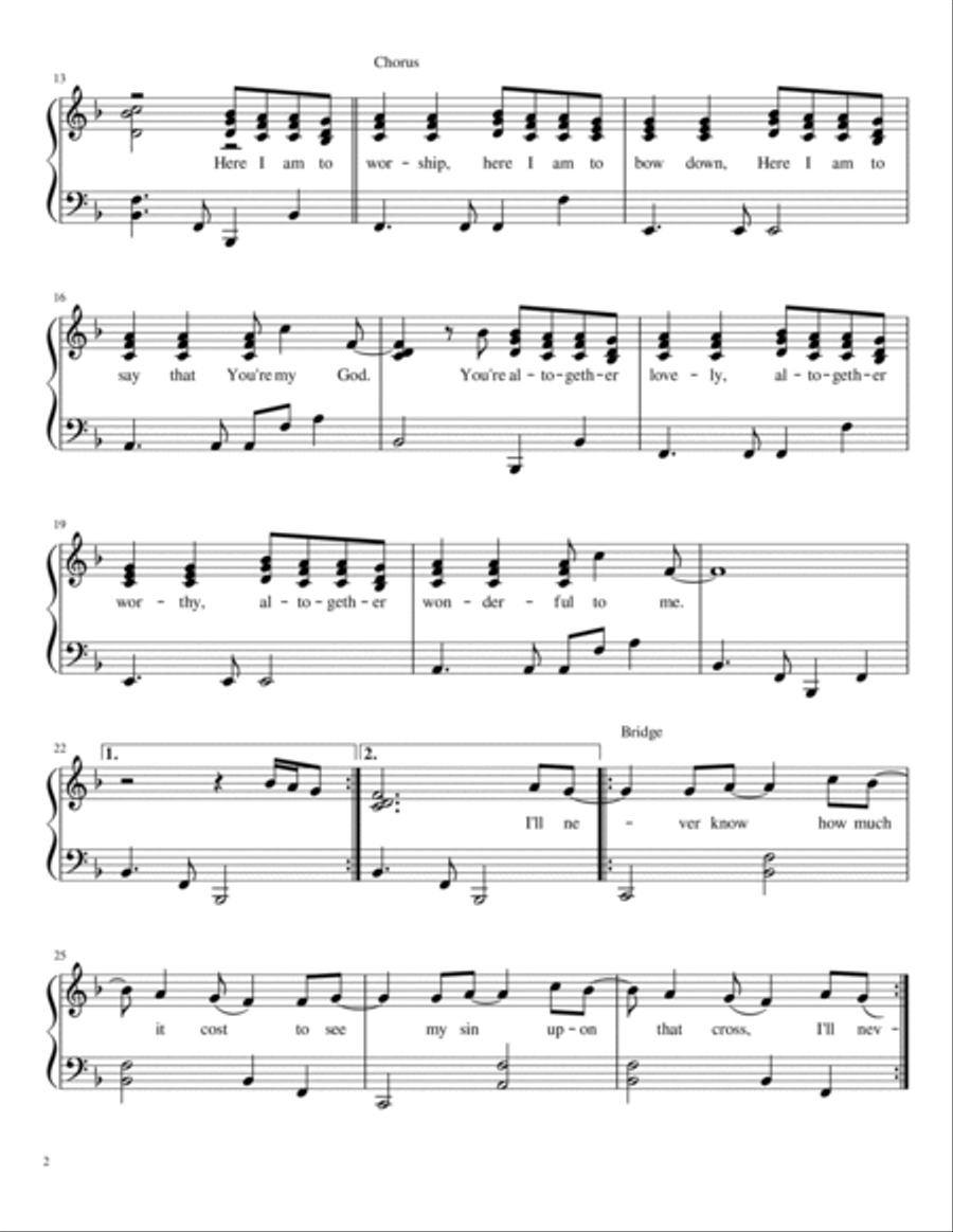 Here I Am To Worship (light Of The World) Easy Piano scores gallery preview page 2