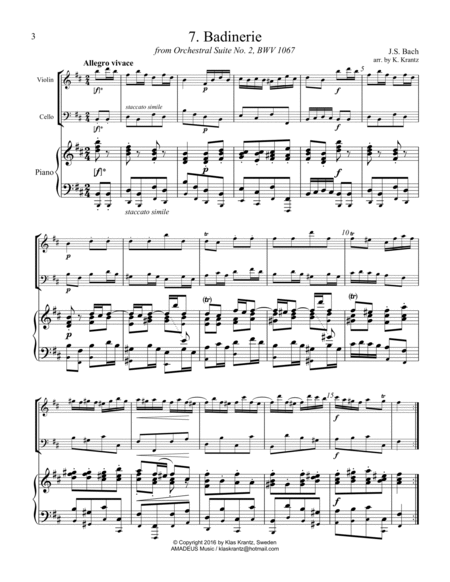 Menuet and Badinerie Suite 2 BWV 1067 for piano trio (fl, vc, pno) image number null