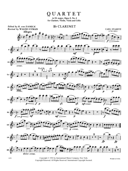 Quartet In E Flat Major, Opus 8, No. 4 For Clarinet (Or Oboe), Violin, Viola & Cello