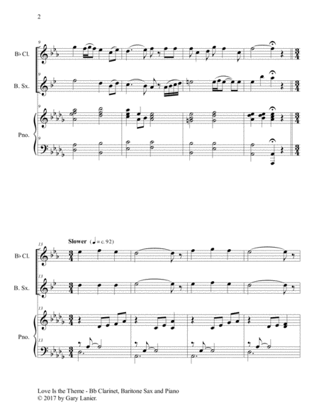 LOVE IS THE THEME (Trio – Bb Clarinet, Baritone Sax & Piano with Score/Part) image number null