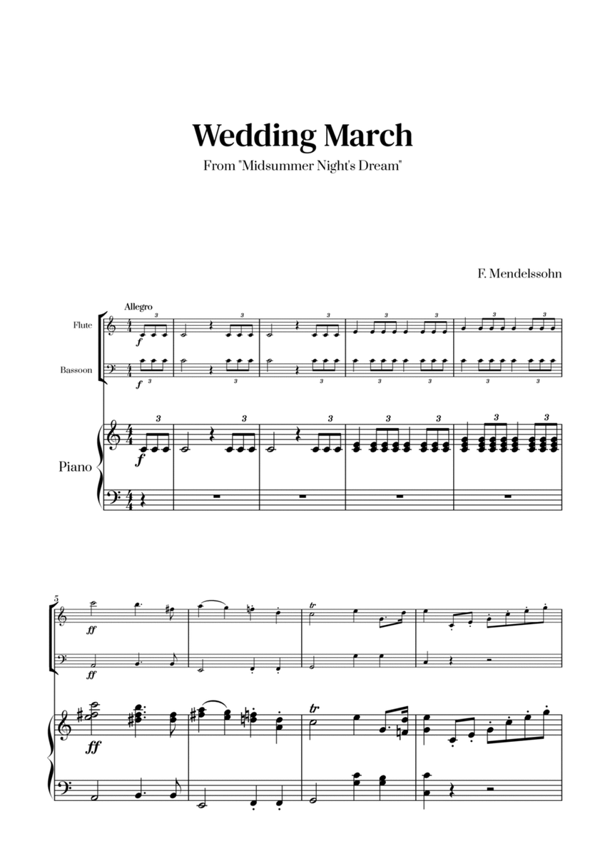 Felix Mendelssohn - Wedding March From Midsummer Night's Dream for Flute, Bassoon and Piano image number null