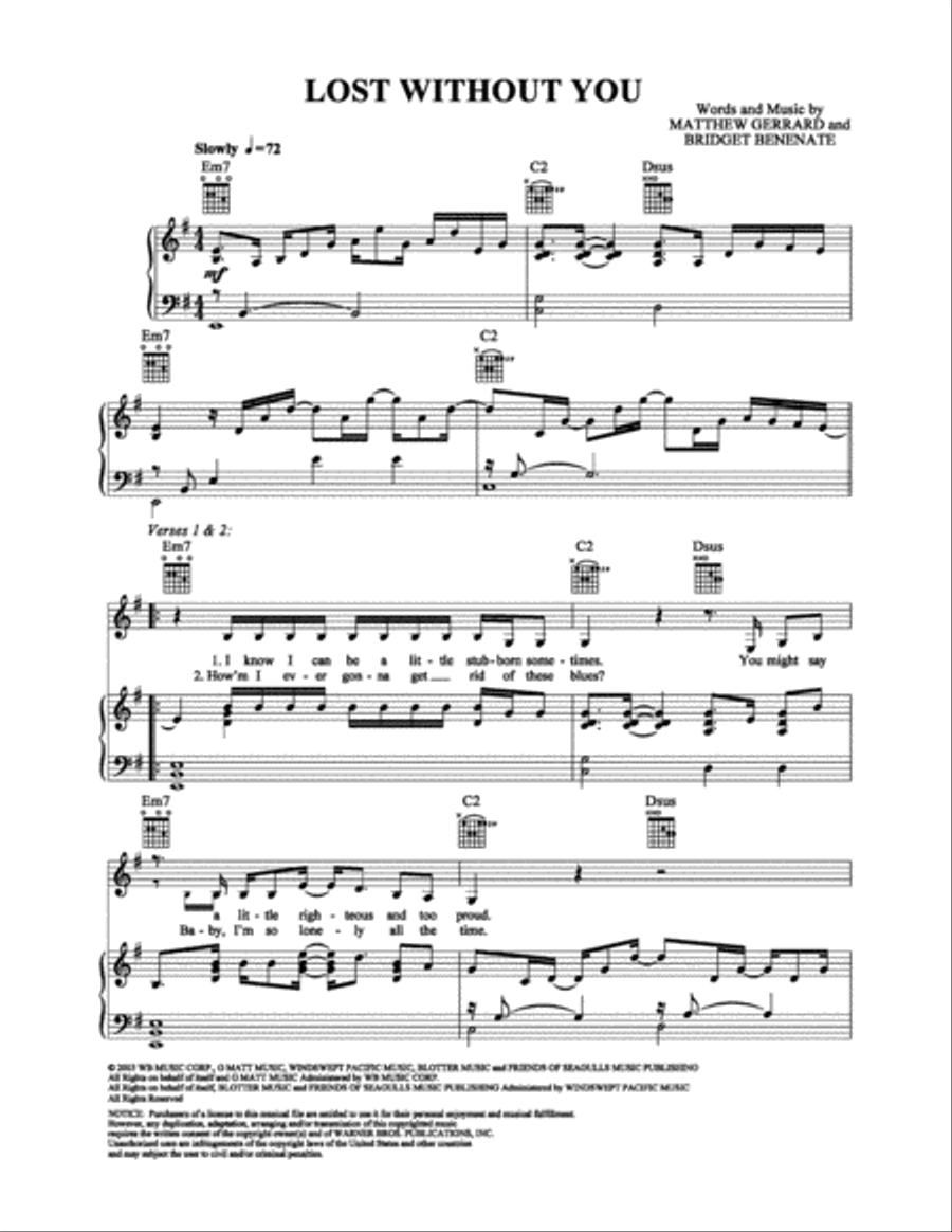 Lost Without You Piano, Vocal, Guitar scores gallery preview page 1