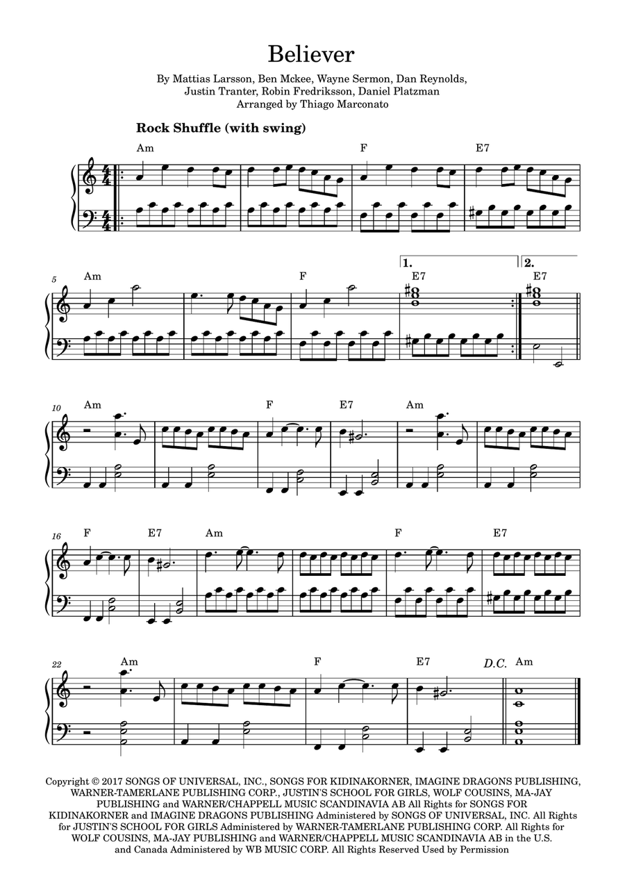 Believer Easy Piano scores gallery preview page 1