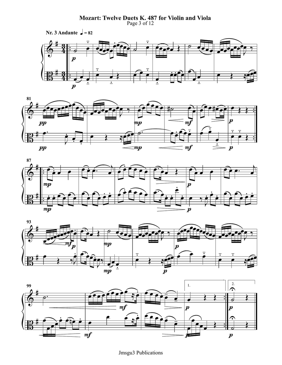 Mozart: Twelve Duets K. 487 for Violin & Viola String Duet scores gallery preview page 3