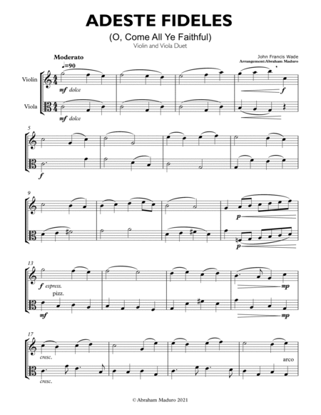 Adeste Fideles (O, Come All Ye Faithful) Violin and Viola Duet-Score and Parts image number null