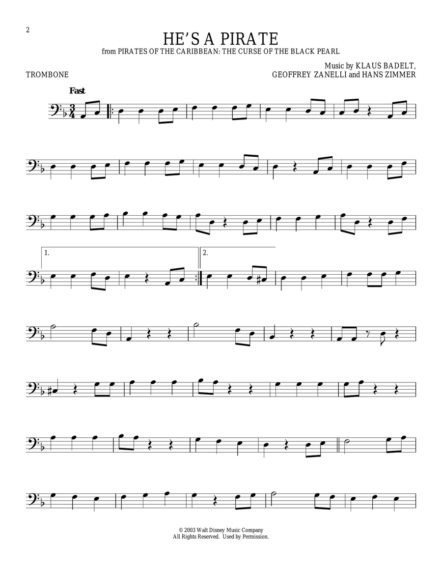 He's A Pirate (from Pirates Of The Caribbean: The Curse of the Black Pearl) Trombone Solo scores gallery preview page 1
