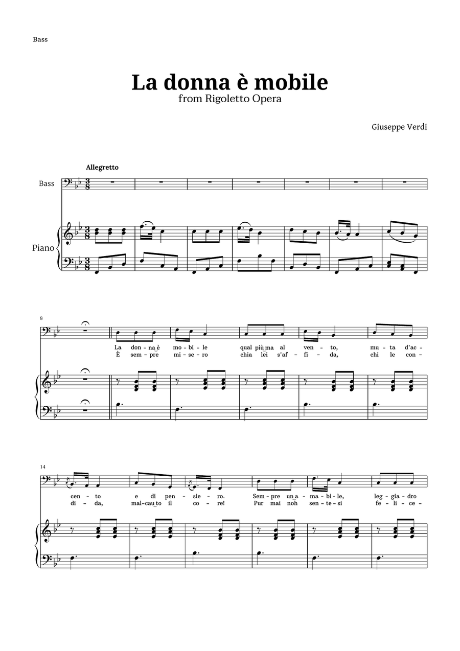 La donna è mobile in B-flat major for Bass and Piano Piano, Vocal scores gallery preview page 1