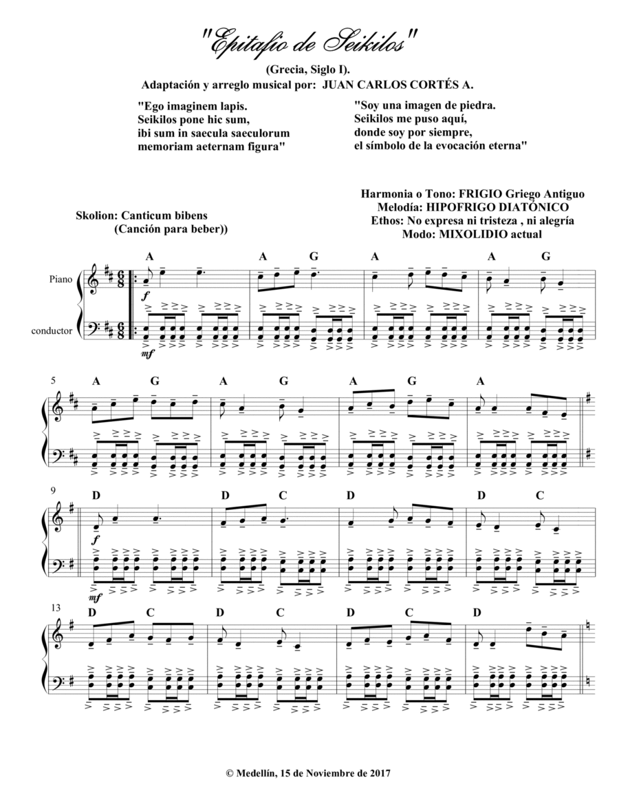 Epitafio de Seikilos. Siglo I. Adaptación musical por Juan Carlos Cortés A. Piano Solo scores gallery preview page 1