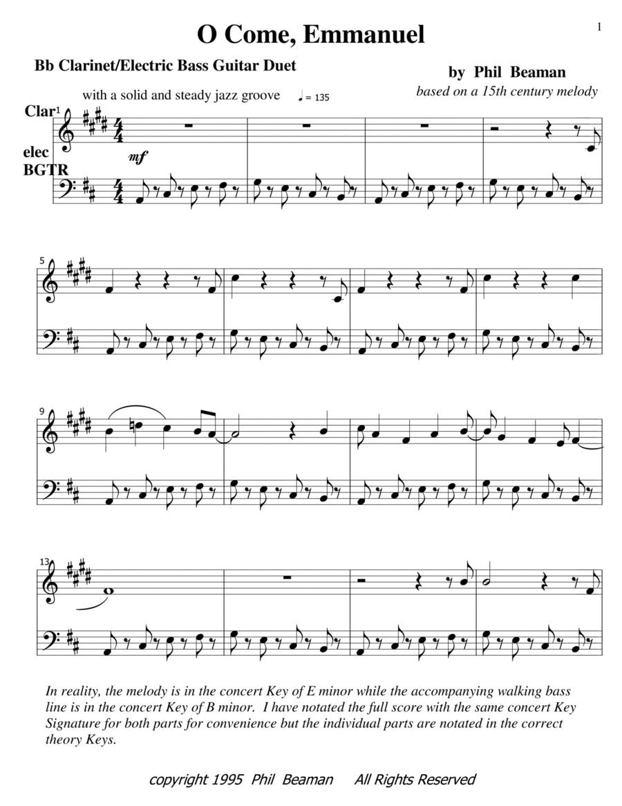 O Come, Emmanuel - jazz clarinet and electric bass guitar B-Flat Clarinet scores gallery preview page 1