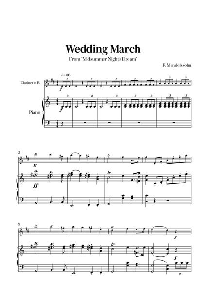 Felix Mendelssohn - Wedding March From Midsummer Night's Dream for Clarinet in Bb and Piano image number null