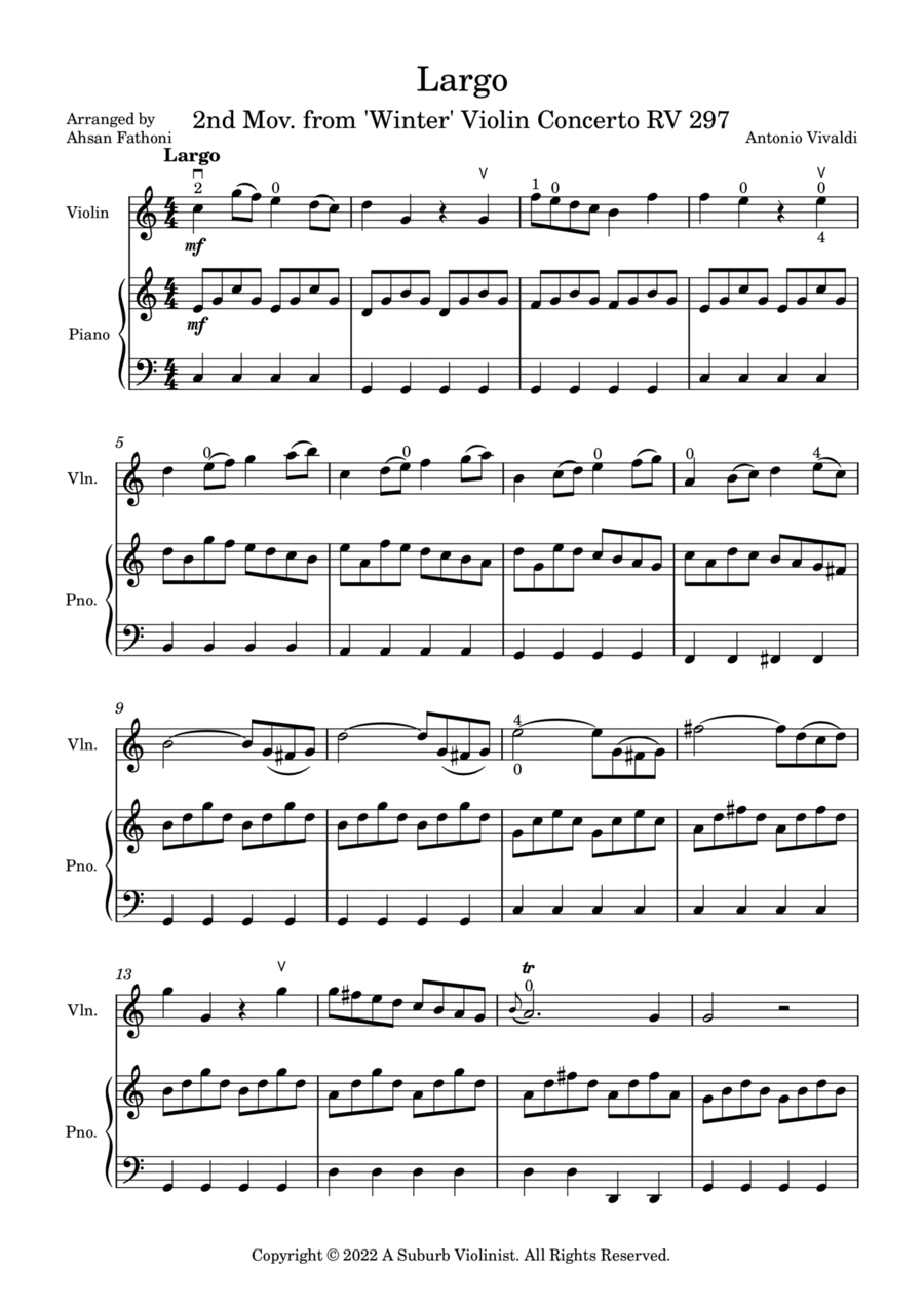 Largo, 2nd Movement of Winter Concerto RV 297 The Four Seasons for Easy Violin Violin Solo scores gallery preview page 1