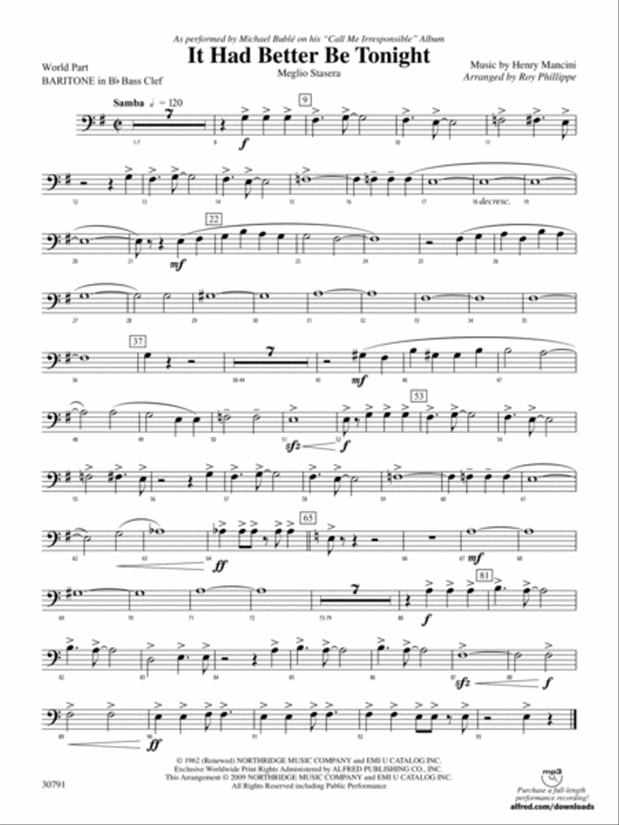 It Had Better Be Tonight (Meglio Stasera): (World Part) B-flat Baritone B.C. Concert Band scores gallery preview page 1