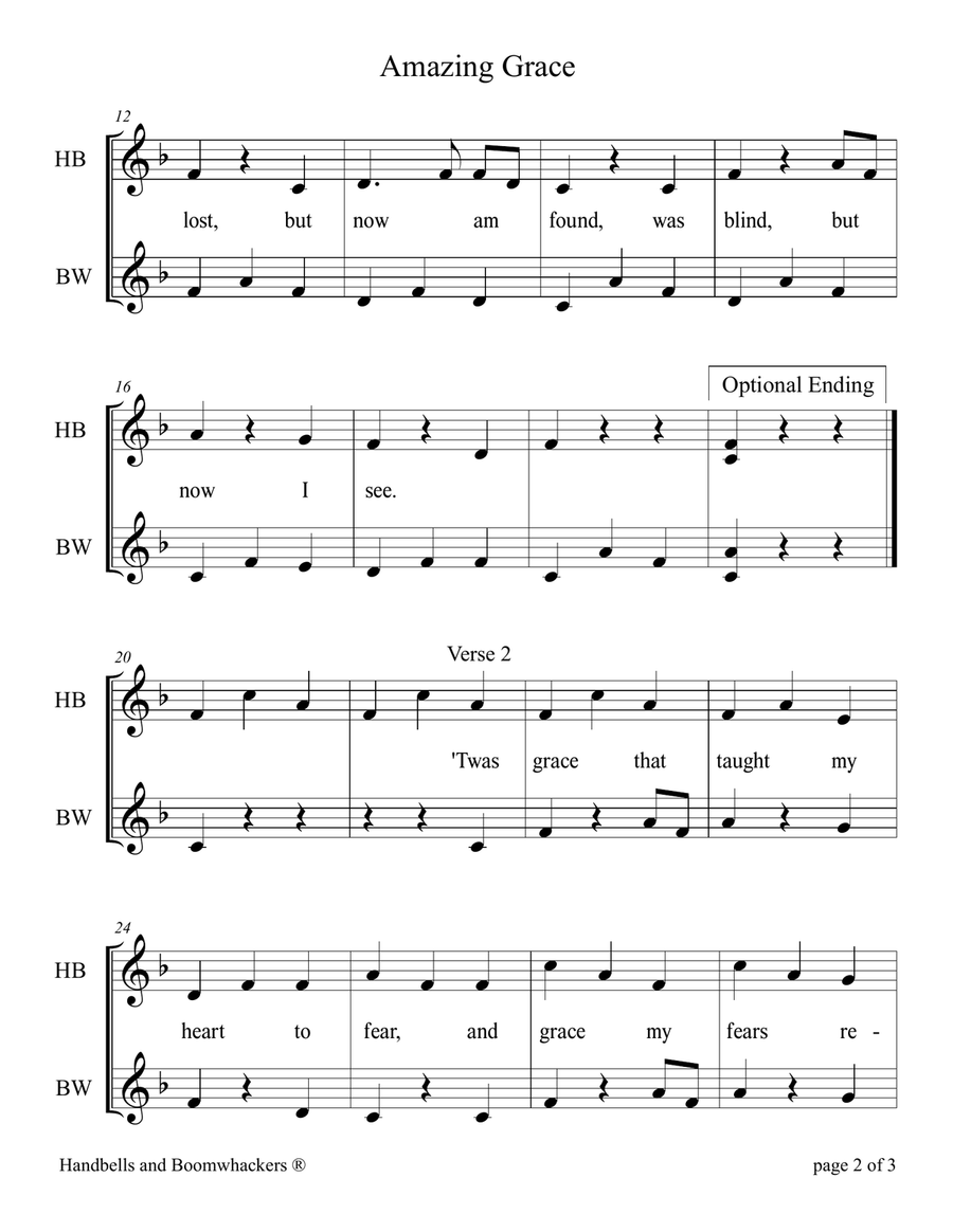 Amazing Grace (for 8-note Bells and Boomwhackers with Black and White Notes) Handbell Choir scores gallery preview page 6