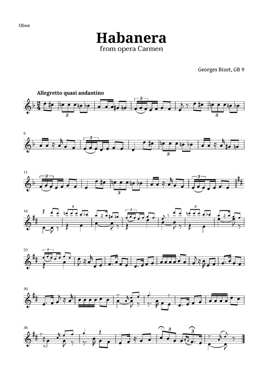 Habanera from Carmen by Bizet for Oboe Solo Oboe Solo scores gallery preview page 1