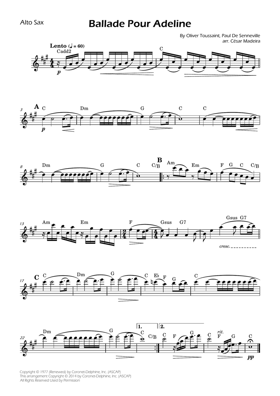 Ballade Pour Adeline Alto Saxophone scores gallery preview page 1
